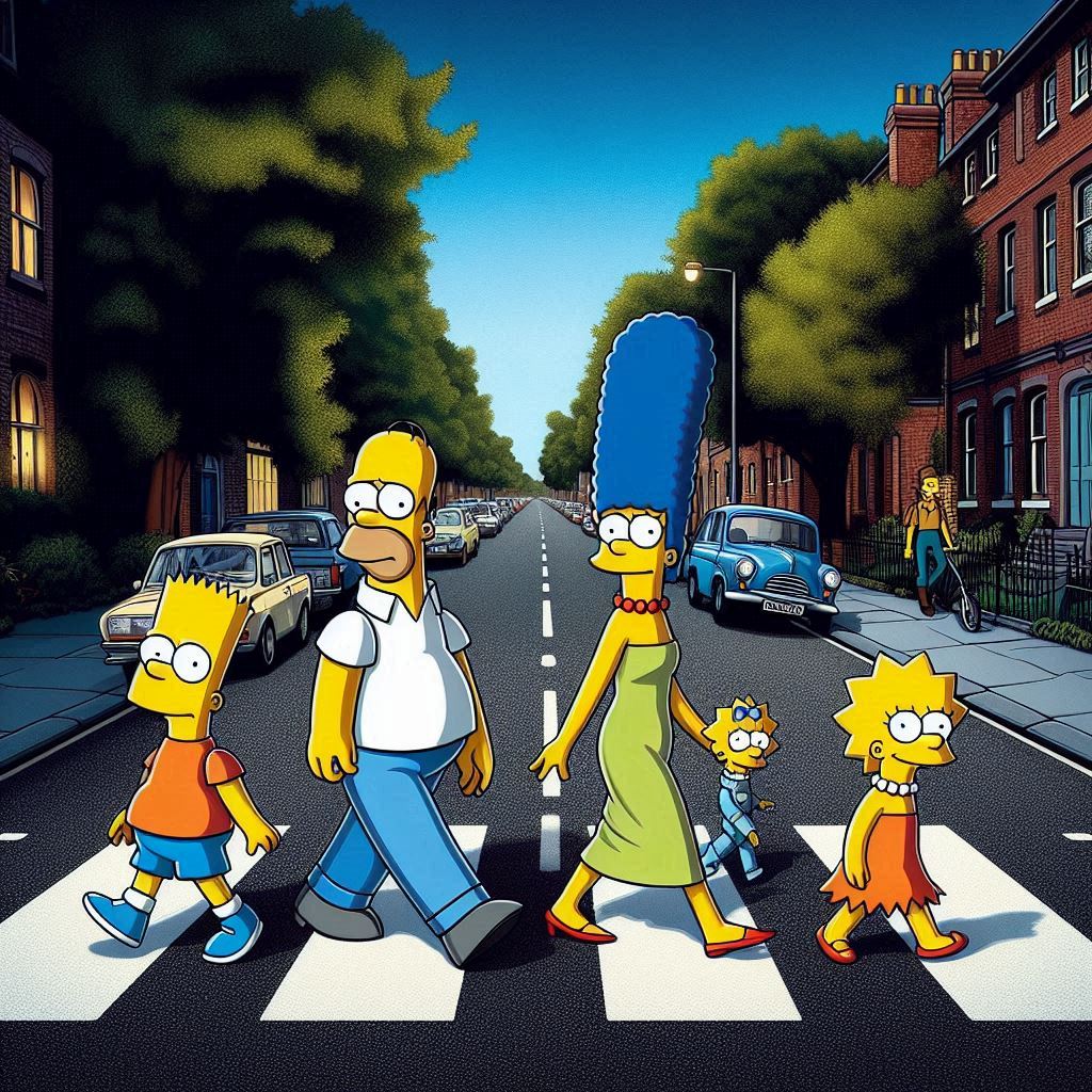 Simpson family characters walking across a zebra crossing in Abbey Road style