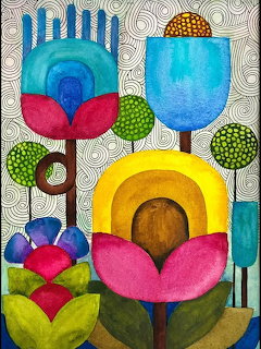 Abstract painting of colorful stylized flowers with bold shapes and swirling background patterns