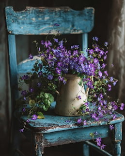 Purple flowers in a cream jug on a rustic blue wooden chair