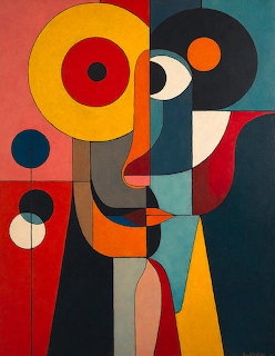 Abstract geometric face made of colorful circles and curved shapes in modernist style