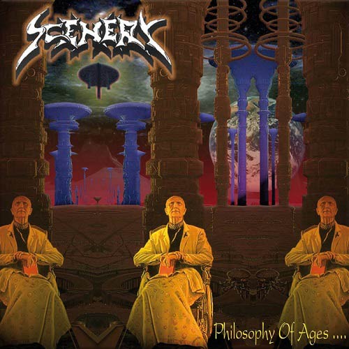 Dark surreal artwork of three seated men in yellow robes under ornate arches and glowing columns