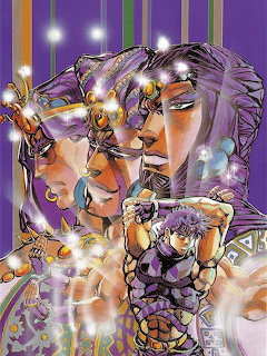 Colorful manga illustration of muscular Pillar Men characters from JoJo's Bizarre Adventure with sparkle effects