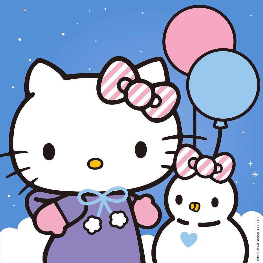 Hello Kitty holding pink and blue balloons with white bunny on starry background