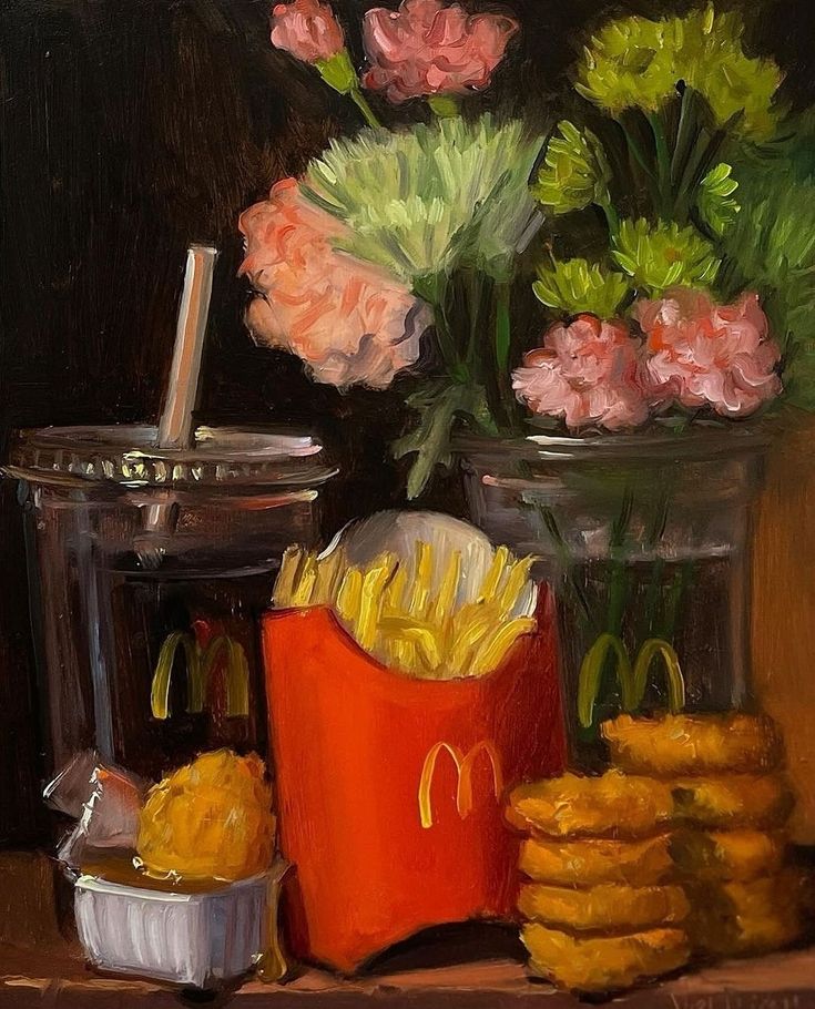 Oil painting of McDonald's fries and chicken nuggets with pink and yellow flowers in vases