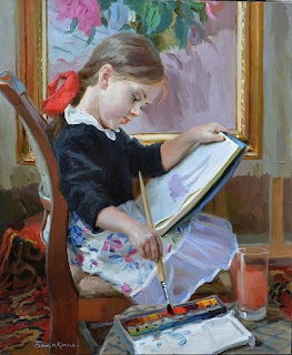 Painting of a young girl with a red bow sitting and painting on a canvas with watercolors