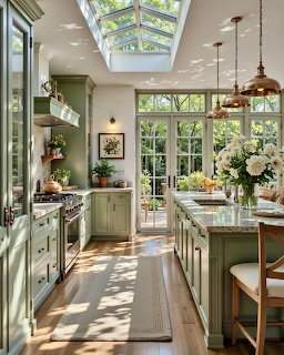 Bright kitchen with sage green cabinets, skylight, large windows, copper pendant lights, and white flowers on the island.