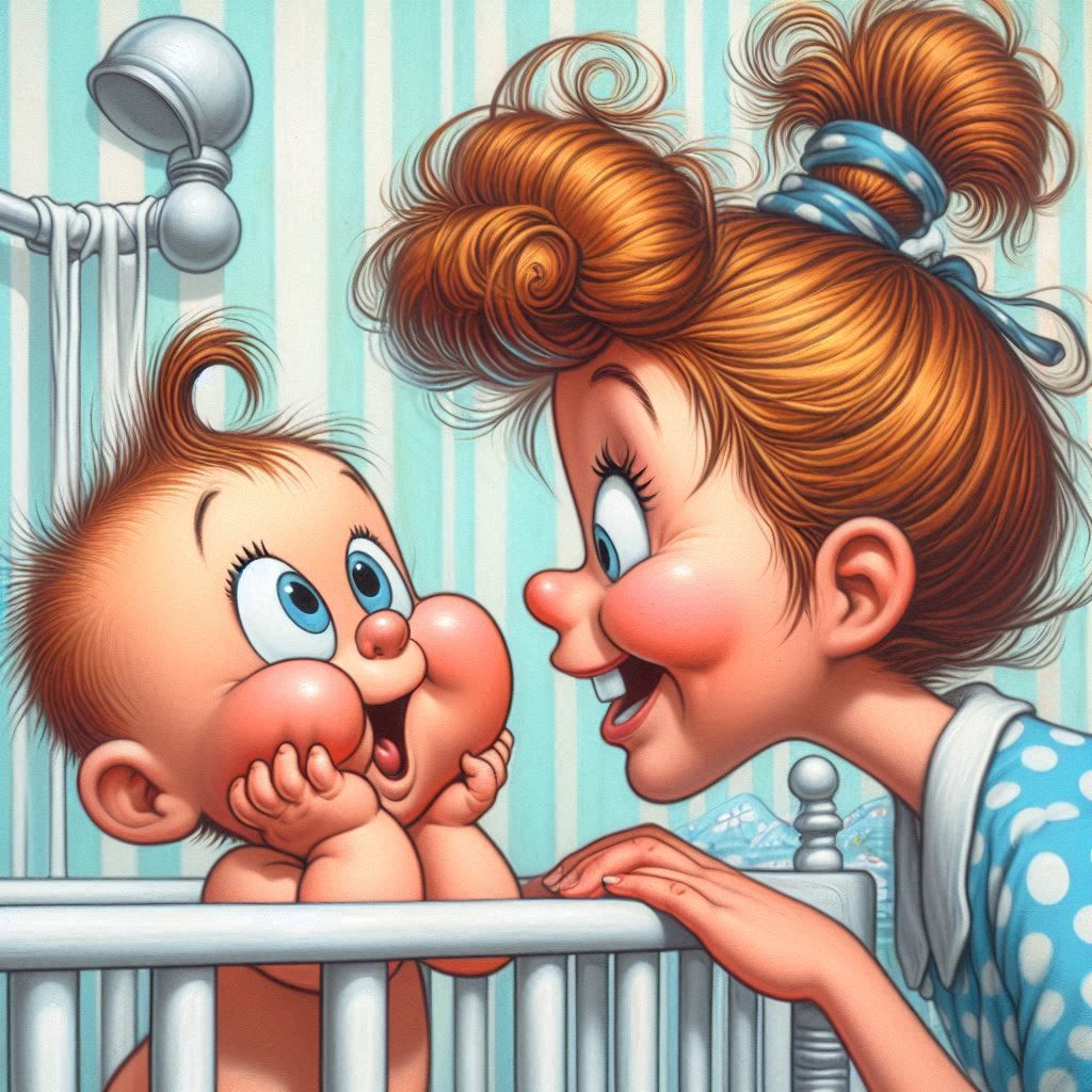Cartoon mother with orange hair smiling at cheerful baby in crib