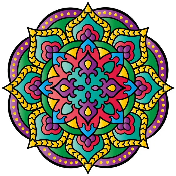 Circular mandala with colorful symmetrical patterns and geometric shapes in vibrant rainbow hues
