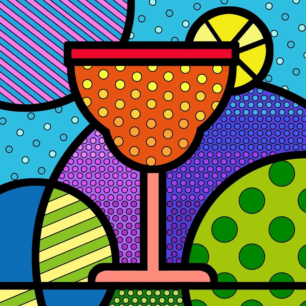 Pop art style cocktail glass with orange dots and lemon garnish on colorful geometric background