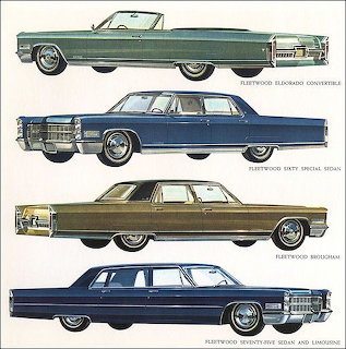 Four classic Cadillac cars stacked vertically showing different models in profile view