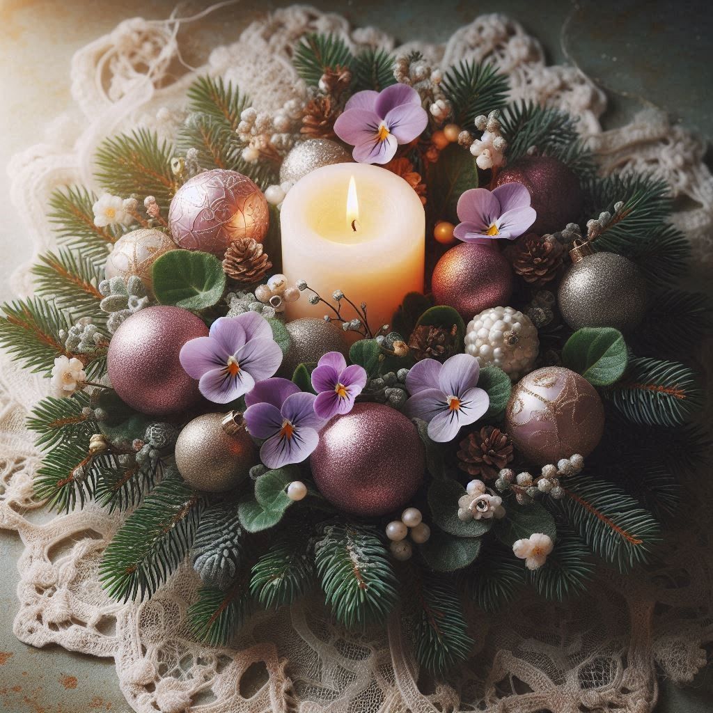 Advent wreath with glowing candle surrounded by purple baubles, evergreen sprigs, flowers, and pinecones