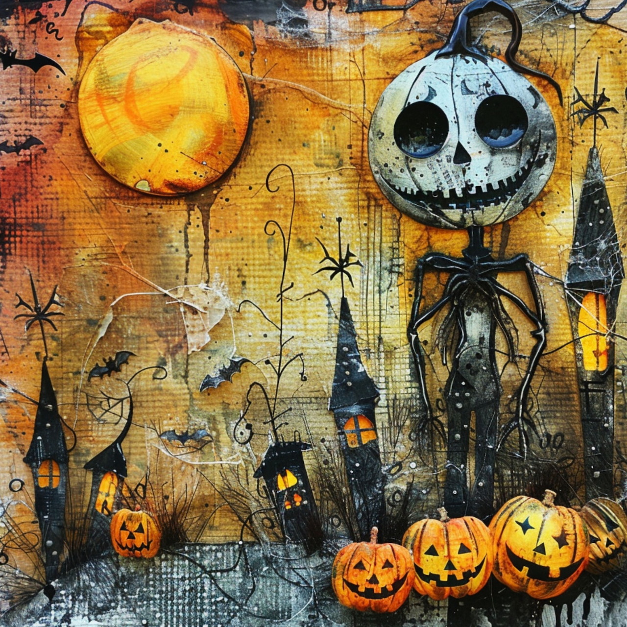 Jack Skellington figure with pumpkins, haunted houses, bats and spiders in Halloween collage artwork