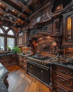 Ornate Victorian kitchen with elaborately carved dark wood cabinets, decorative range hood, and black professional stove