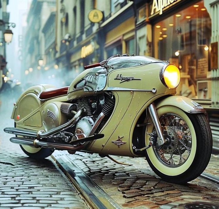 Vintage cream motorcycle with whitewall tires on cobblestone street, warm storefronts glowing in background