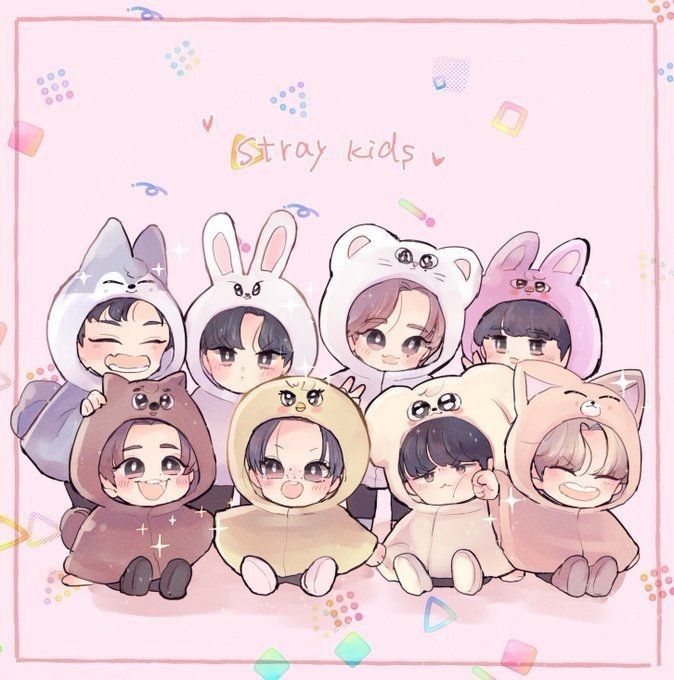 Chibi characters in animal hoodies on a pink background with Stray Kids written above