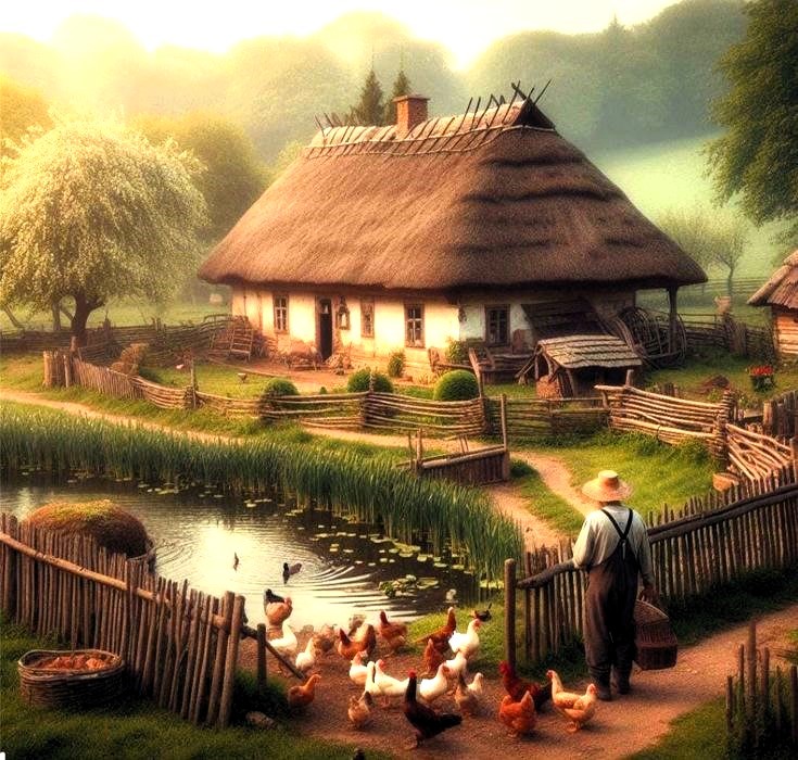 Thatched country house by a pond with ducks, chickens, fences, and a farmer in a warm rural setting