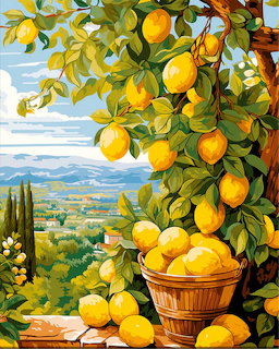 Lemon tree branches heavy with bright yellow lemons and a wooden basket full of harvested fruit against scenic countryside