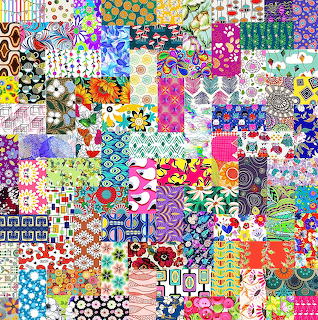 Colorful patchwork grid with various patterns including flowers, geometric shapes, polka dots, and abstract designs