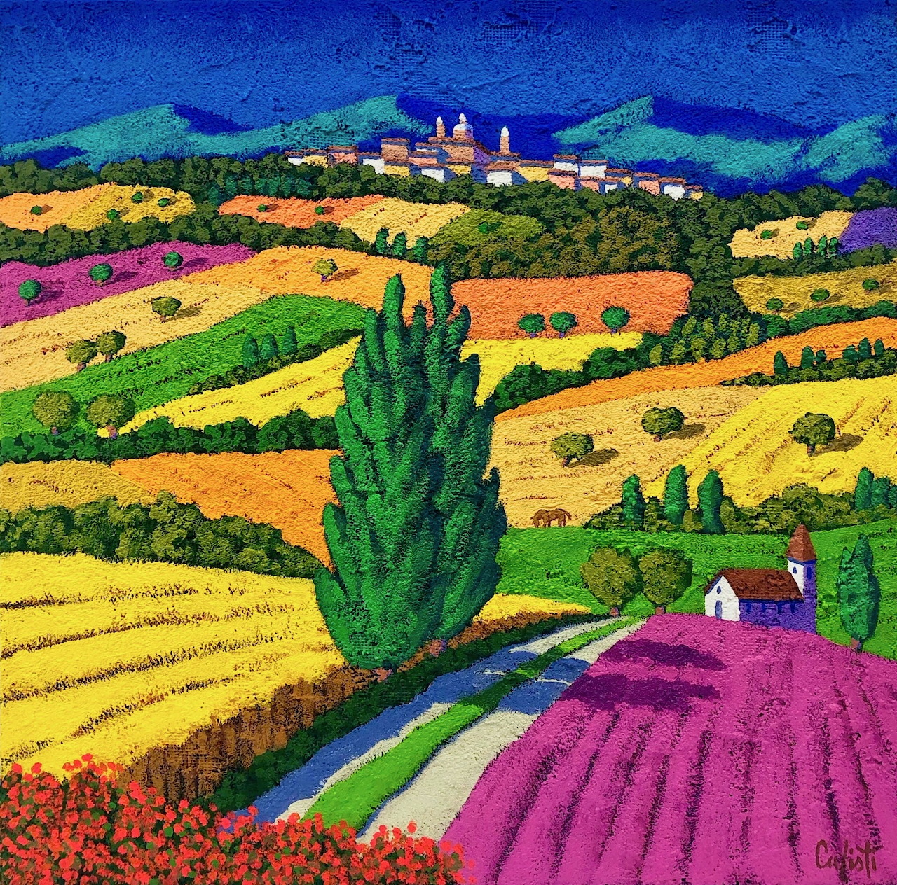 Colorful painting of Tuscany countryside with lavender fields, cypress trees, and hilltop village