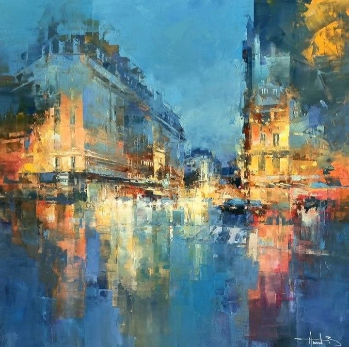 Impressionist city street painting with glowing lights and reflections on wet pavement