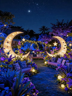 Glowing fantasy garden at night with crescent moons, star lights, flowers, and a garden path