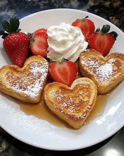 Heart-shaped pancakes with strawberries, whipped cream, and powdered sugar on white plate