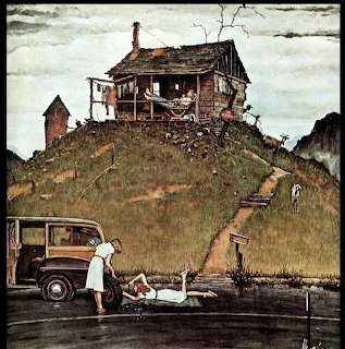 Weathered two-story house on hilltop with vintage car and figures on path below