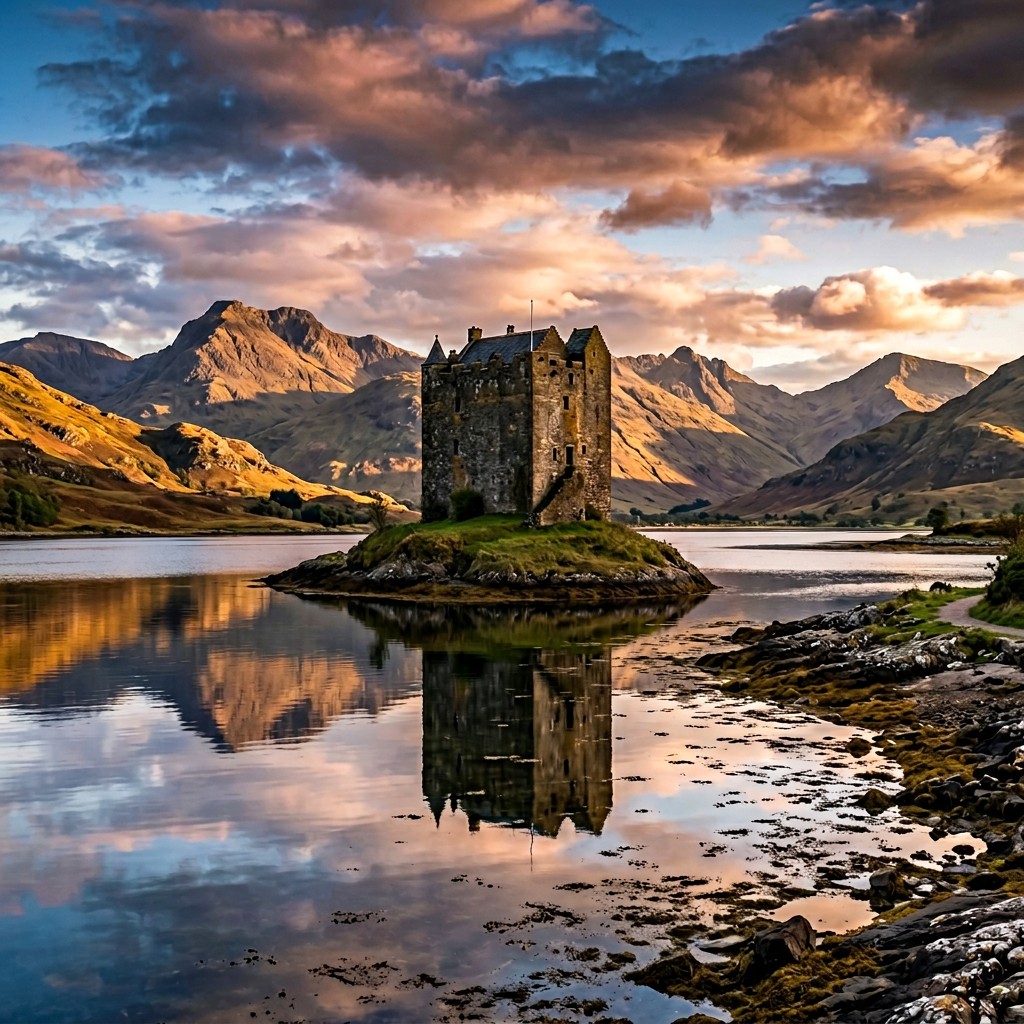 Stone castle on a small island in a reflective loch with mountains and dramatic clouds
