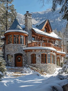 Stone house with snow-covered roof and balconies in a winter mountain setting