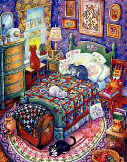 Colorful illustrated bedroom with multiple cats resting on patchwork quilt bed, decorative frames on purple walls