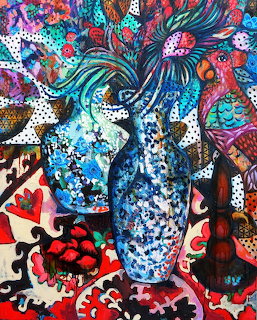 Mixed media painting of decorative vase with flowers in vibrant colors and intricate patterns