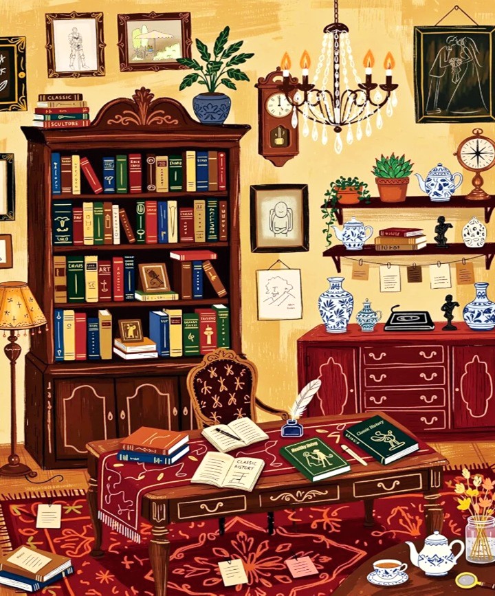 Illustrated vintage library with bookshelf, desk, scattered books and decorative objects on warm yellow walls