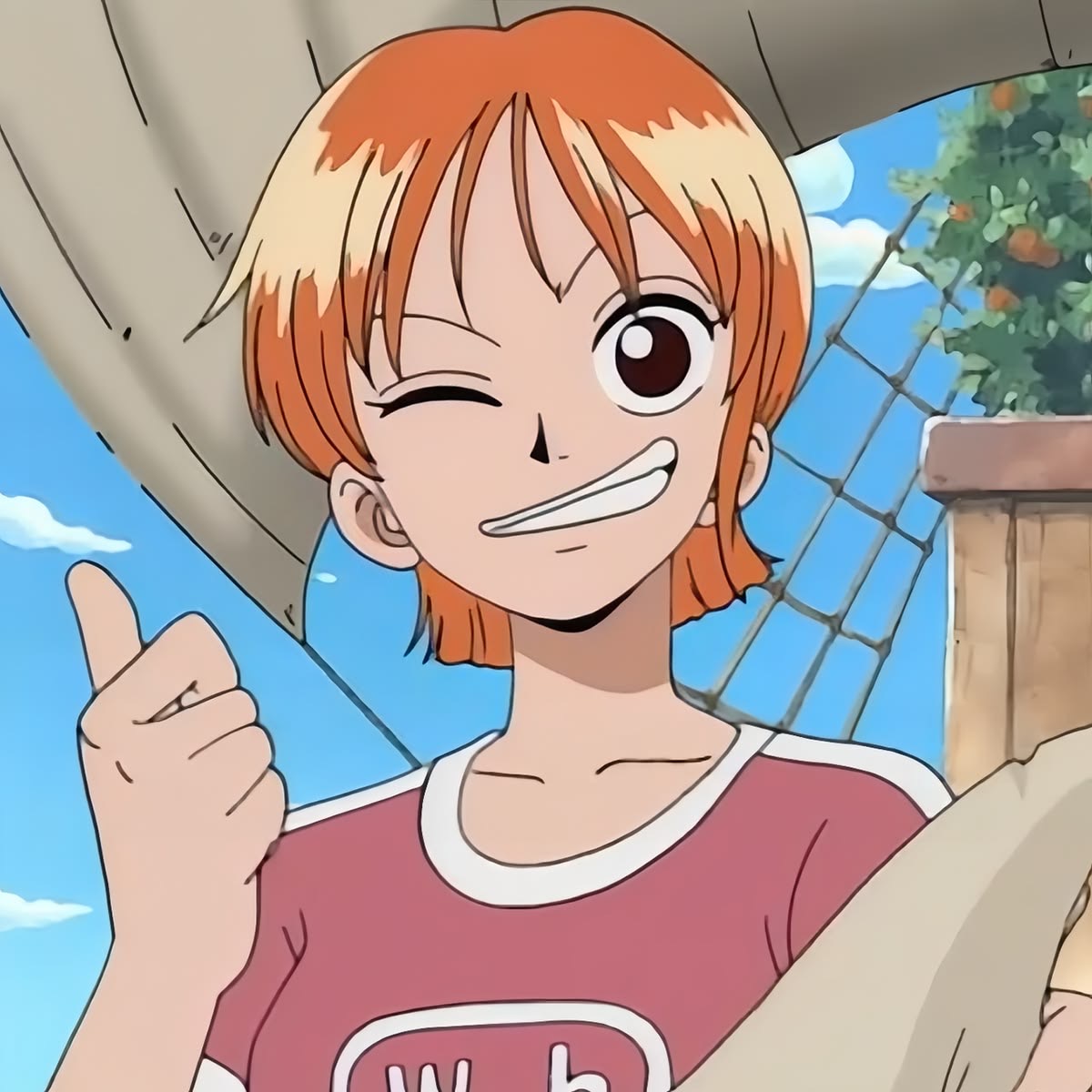 Anime girl Nami winking and giving a thumbs-up on a ship deck