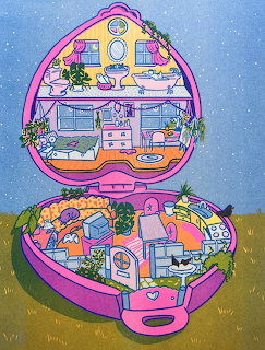 Colorful illustration of an open pink Polly Pocket compact with miniature rooms inside on a starry blue background