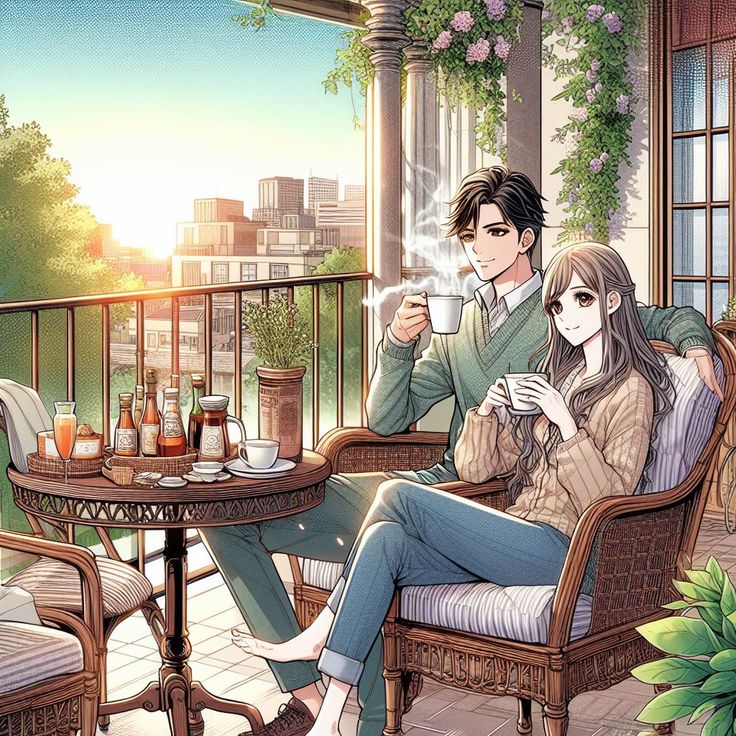 Anime couple sitting on balcony with tea, overlooking city skyline and greenery
