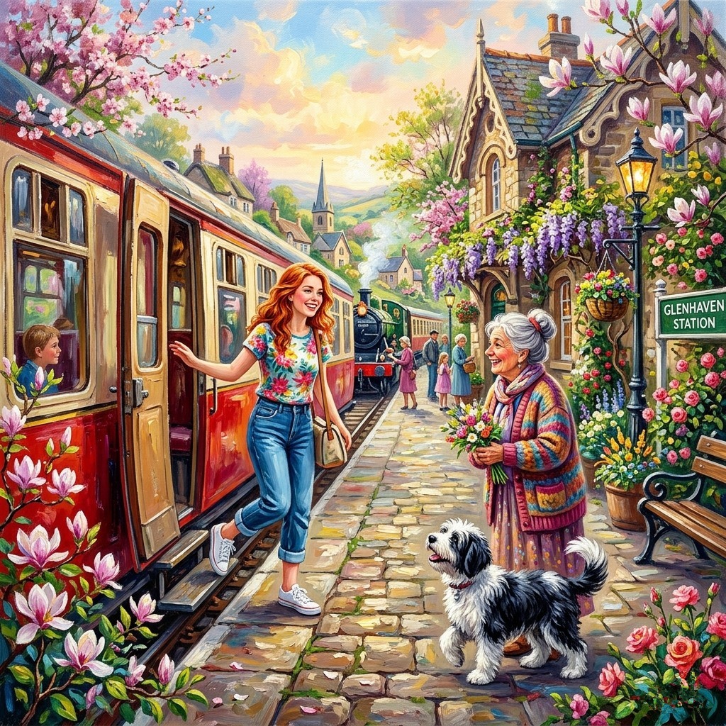 Young woman with red hair meeting elderly woman and dog at flower-lined village train station platform