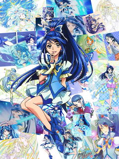 Collage of Cure Aqua anime character from PreCure in various poses with blue hair and blue outfit