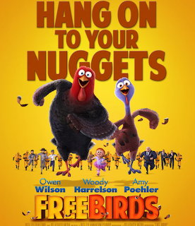 Free Birds animated movie poster with two turkeys and text on yellow background