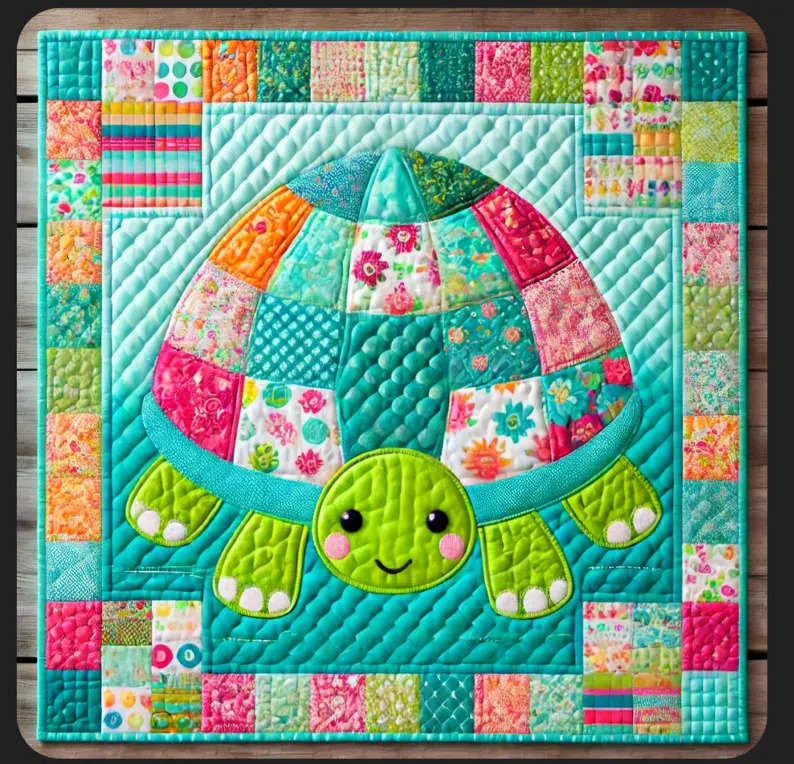 Baby quilt with smiling turtle appliqué in colorful patchwork fabrics on turquoise quilted background