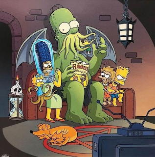 Simpsons characters sitting on couch with green Cthulhu monster looming over them in cartoon style