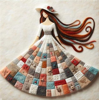 Woman in white dress with colorful patchwork quilt skirt and flowing hair