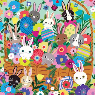Colorful bunnies with flowers and decorated Easter eggs in wicker basket