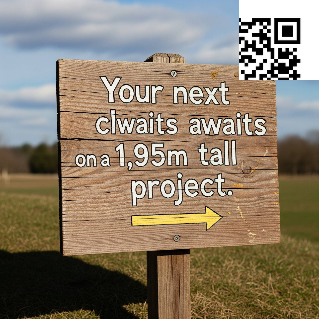 Wooden sign reading 'Your next clwaits awaits on a 1.95m tall project' with arrow and QR code in grassy field