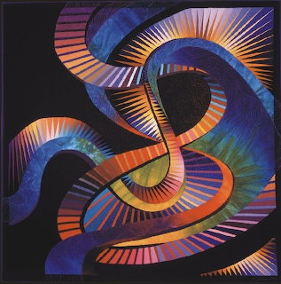 Abstract quilt art with swirling colorful ribbons and geometric stripes on black background