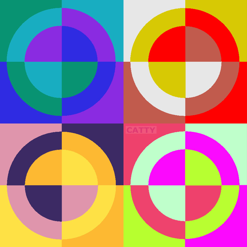 Four colorful geometric circular patterns in a grid layout with bold color blocks and concentric shapes