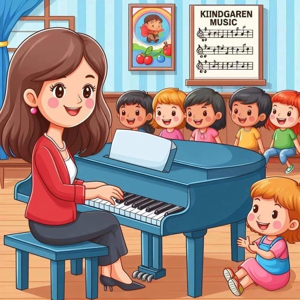 Cartoon teacher at blue piano with children gathered around in colorful kindergarten music room