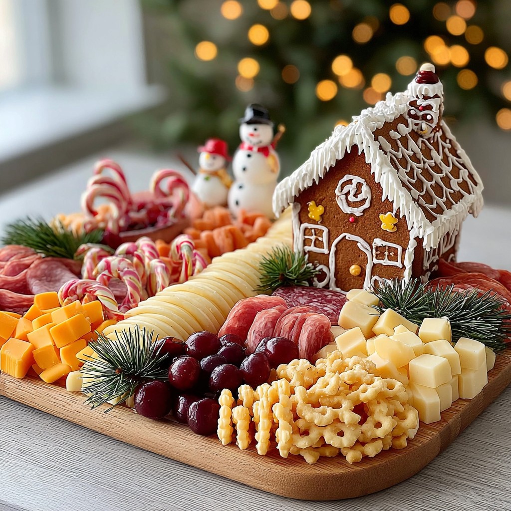 Gingerbread house on cheese and cracker platter with Christmas decorations
