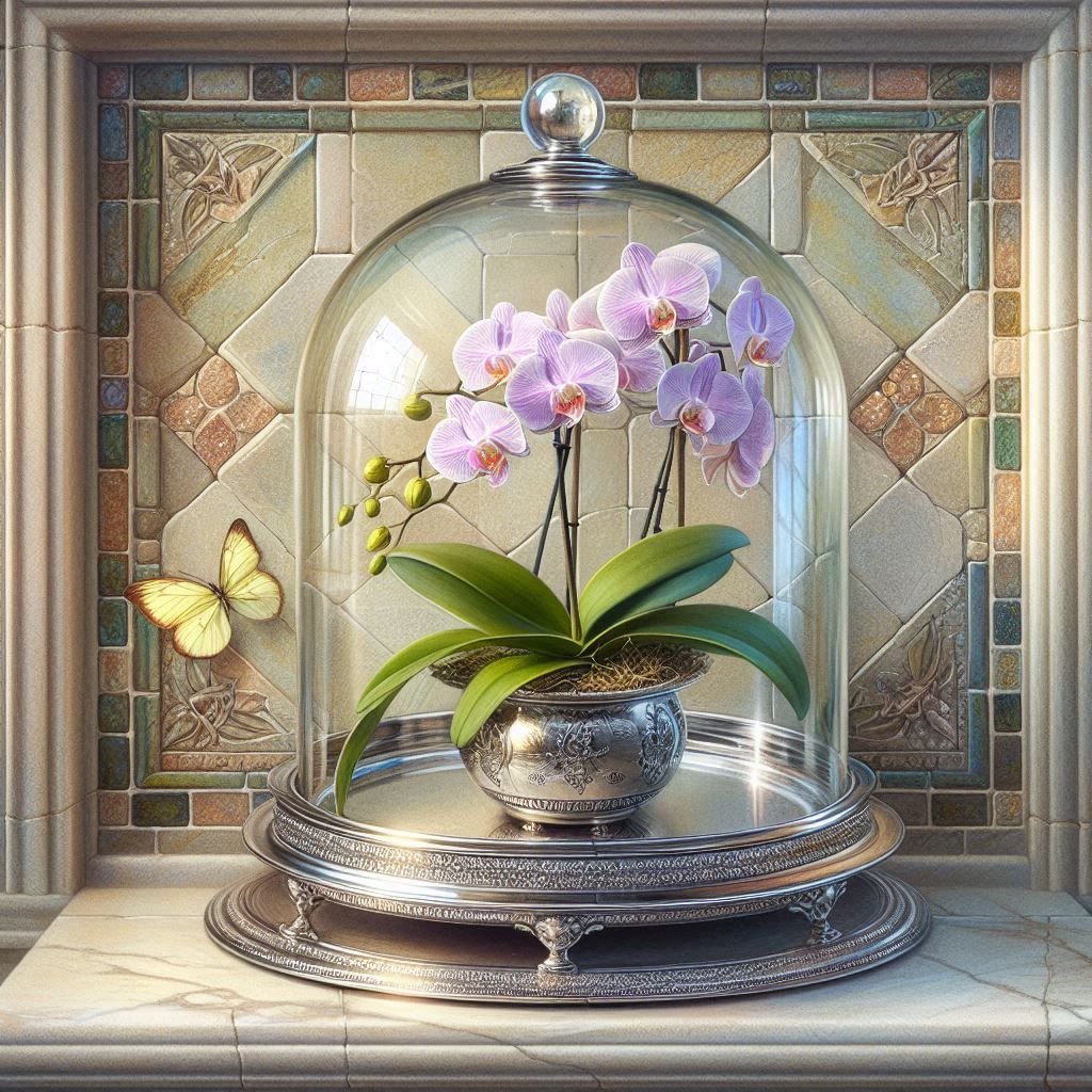Pink orchid under a glass cloche on a decorative windowsill with a butterfly