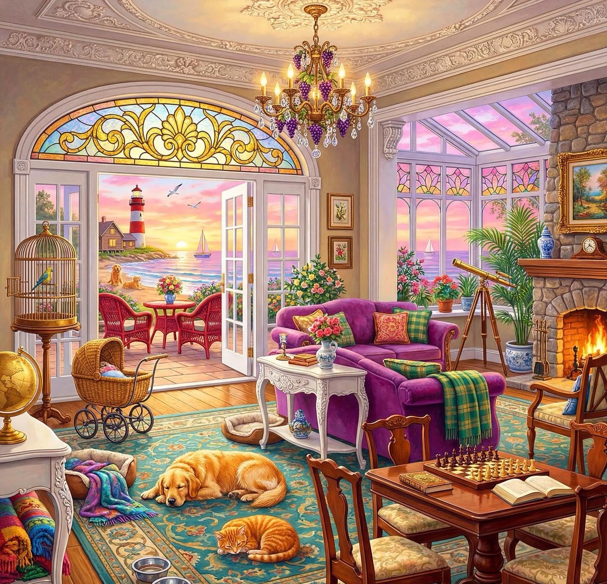 Luxurious living room interior with purple sofa, chandelier, arched windows showing ocean sunset, pets lounging on ornate rug