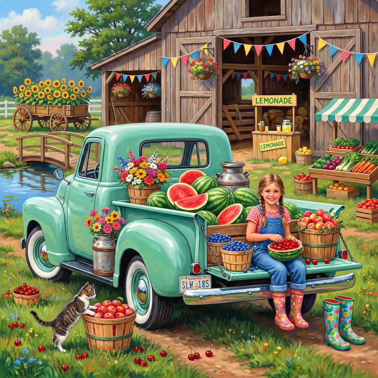 Girl sitting on vintage truck with watermelons and produce at farm barn with sunflowers